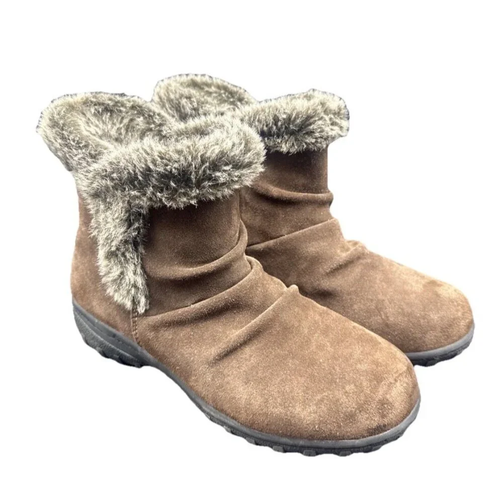 Khombu Women’s Lisa Shearling Winter Ankle Brown Suede Zip Faux Fur Trim Boots 8